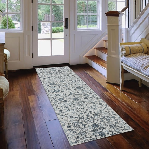 Luxee Designs Alexandria Collection – 2×6 ft – Floral Runner Rug – Bordered, High-Traffic, Pet-Friendly, Stain Resistance – Light Blue