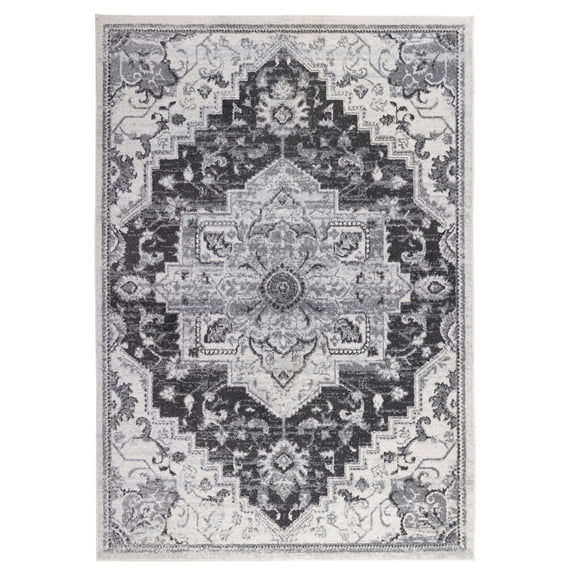 Luxee Designs Alexandria Collection Medallion Pattern Round Area Rug 6'7"x6'7", Round Low Pile High Traffic Runner Rugs for Living Room, Kitchen, Bedroom - Dark Gray
