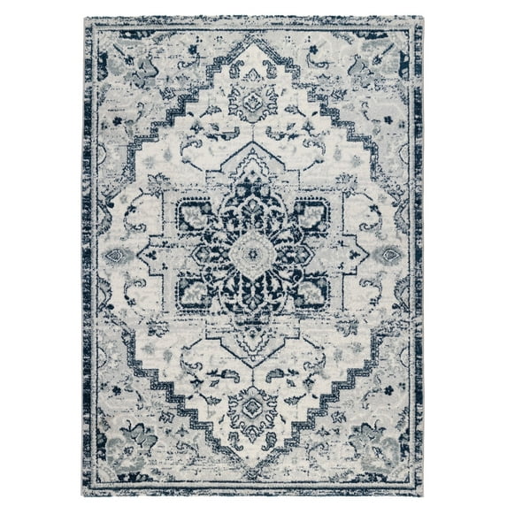 Luxee Designs Alexandria Collection Medallion Pattern Round Area Rug 6'7"x6'7", Round Low Pile High Traffic Runner Rugs for Living Room, Kitchen, Bedroom - Deep Blue