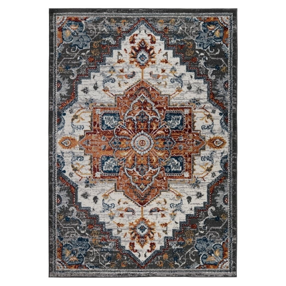 Luxee Designs Alexandria Collection Medallion Pattern Round Area Rug 6'7"x6'7", Round Low Pile High Traffic Runner Rugs for Living Room, Kitchen, Bedroom - Gray/Orange
