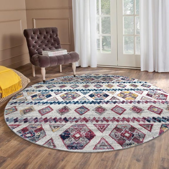 Luxee Designs Alexandria Collection – 7×7 ft – Round Boho Geometric Area Rug – Bordered, High-Traffic, Pet-Friendly, Stain Resistance – Gray, Ivory Multi