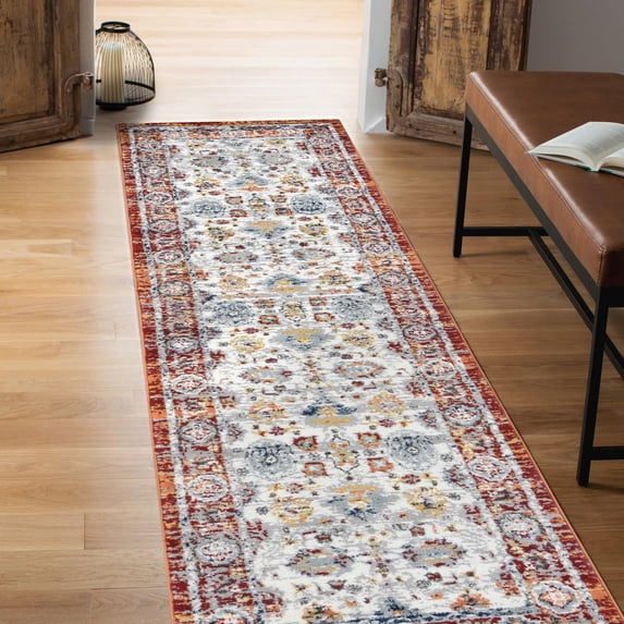 Luxee Designs Alexandria Collection – 3×10 ft – Boho Vintage Runner Rug – Bordered, High-Traffic, Pet-Friendly, Stain Resistance – Ivory Multi