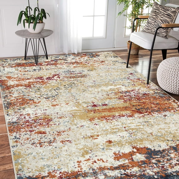 Luxee Designs Allure Collection – 2×3 ft – Abstract Area Rug – Bordered, High-Traffic, Pet-Friendly, Stain-Resistant – Ivory/Orange, Gold