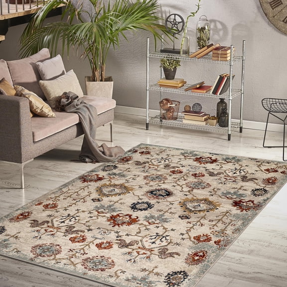 Luxee Designs Allure Collection – 5×8 ft – Oriental Area Rug – Bordered, High-Traffic, Pet-Friendly, Stain-Resistant – Beige, Blue, Gold