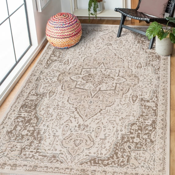 Luxee Designs Alpine 5x7 Area Rug, Low Pile Stain Resistance Medallion Rugs for Living Room, Dining Room, Bedroom, Kitchen, Office - Light Cream