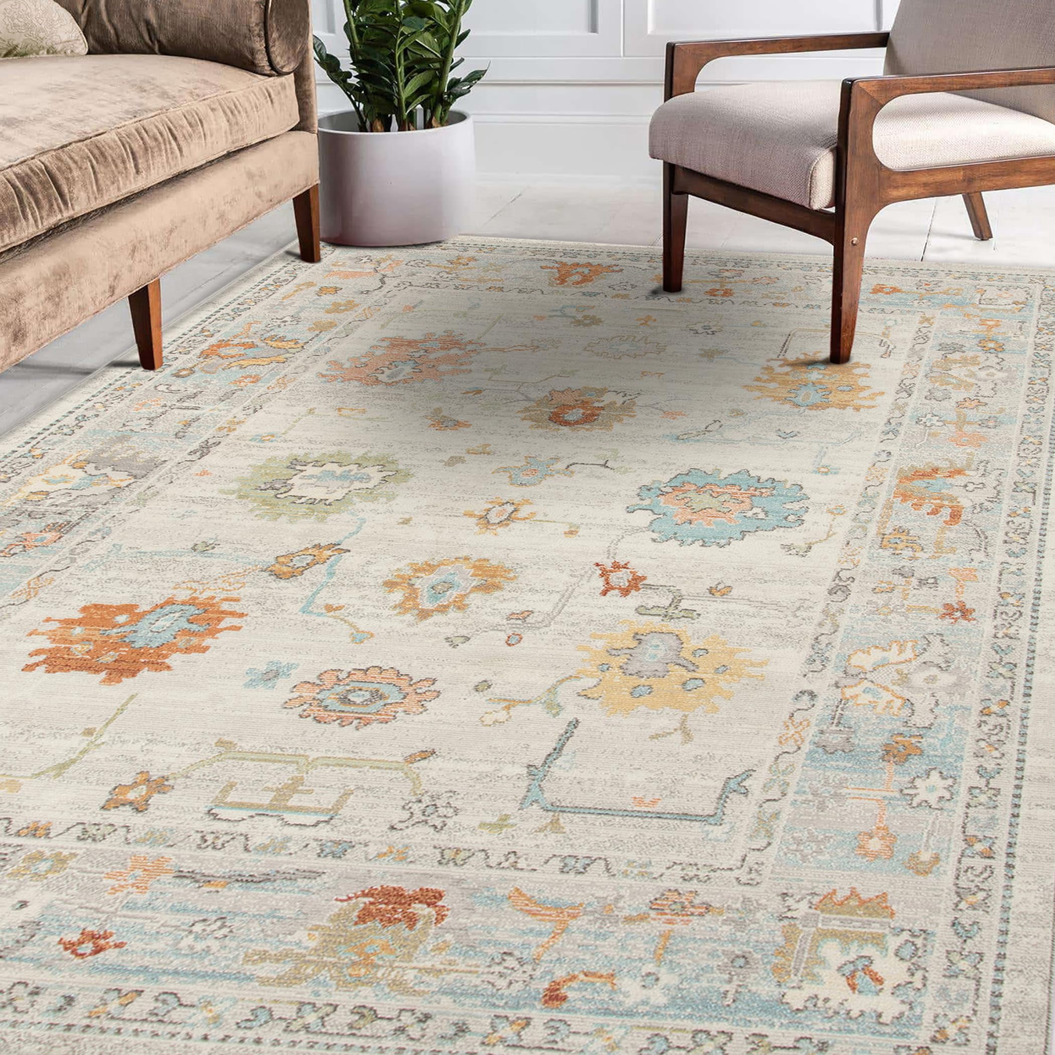 Luxee Designs Bohemian Style Bordered Indoor/Outdoor Area Rug 2x3 for High Traffic Area - Beige/Blue