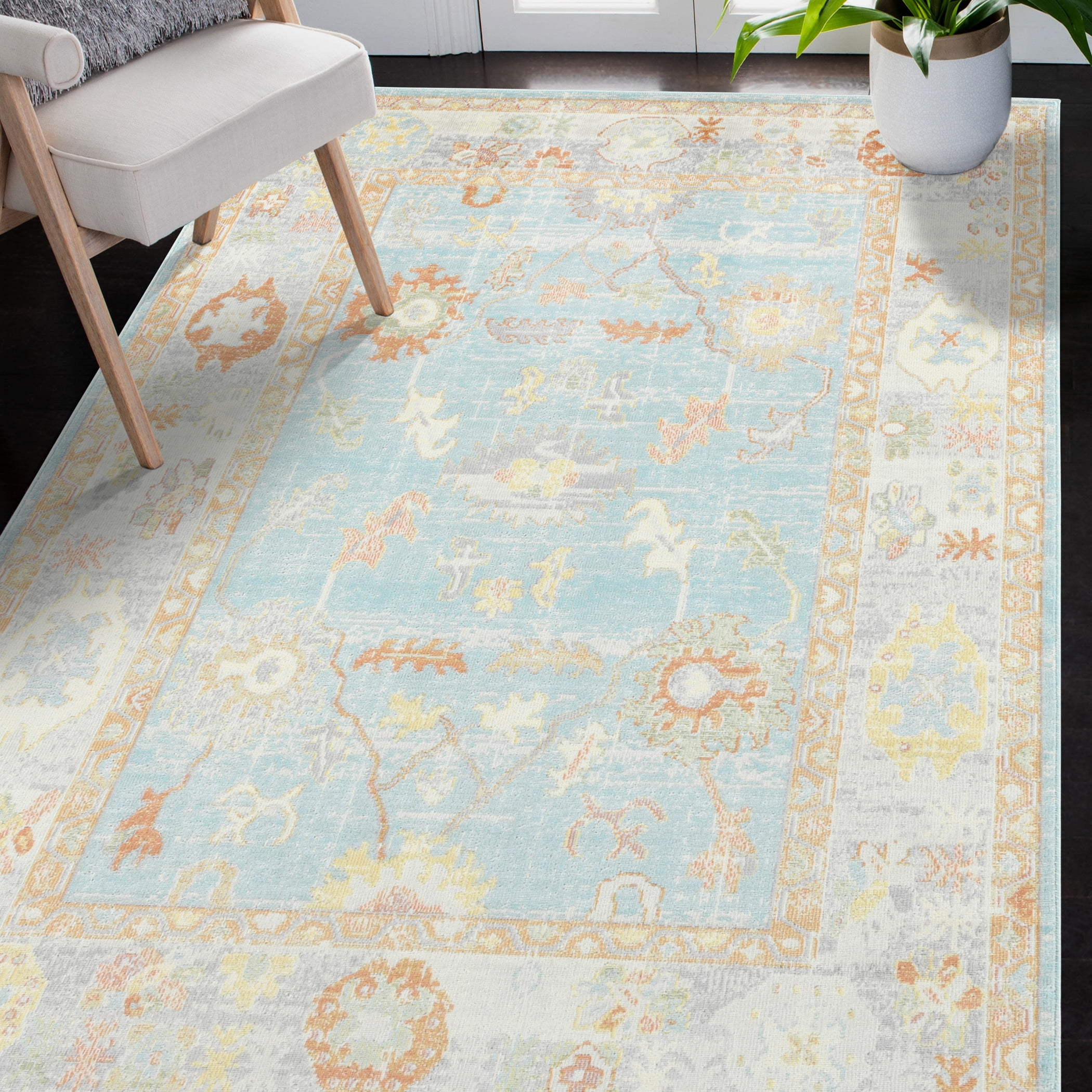 Luxee Designs Bohemian Style Bordered Indoor/Outdoor Area Rug 5x7 for High Traffic Area - Aqua/Beige