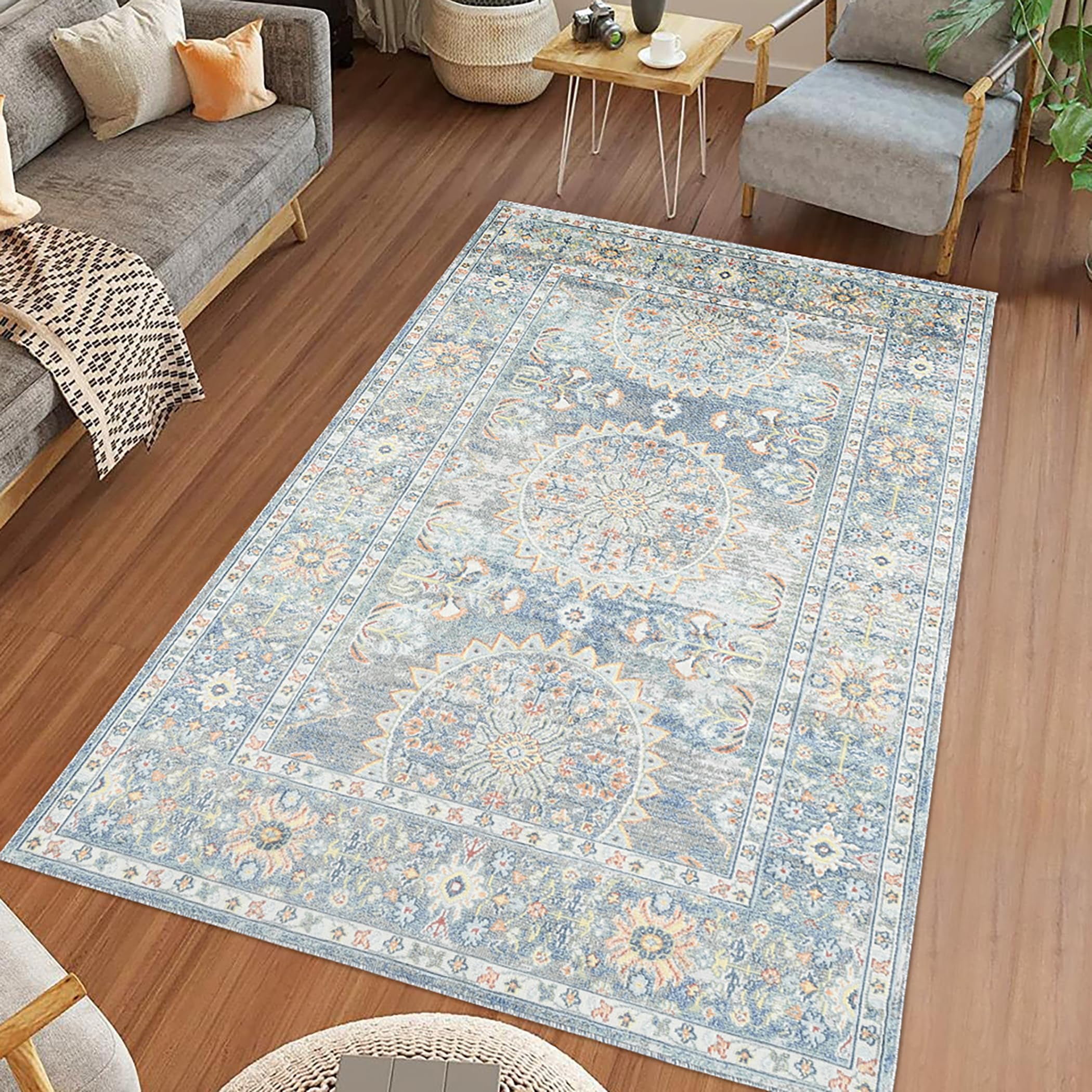 Luxee Designs Bohemian Style Bordered Indoor/Outdoor Area Rug 5x7 for High Traffic Area - Blue