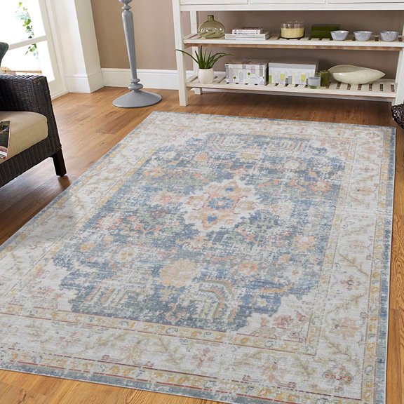Luxee Designs Century 2x3 Area Rug, Bordered Rugs for Doorstep, Hallway, Entryway, Kitchen, Office, Pet Friendly, Ultra Low Pile, High Traffic Area, Stain Resistance - Blue/Ivory