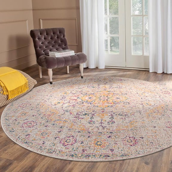 Luxee Designs Eternal Collection – 7×7 ft – Traditional Round Medallion Area Rug – Power-Loomed, Stain-Resistant, Durable, High-Traffic – Ivory/Yellow