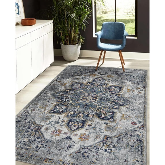Luxee Designs Montana 2x3 Area Rug, Durable Low - Pile Medallion Pattern Indoor Rugs for Living Room, Bedroom, Kitchen, Office, High Traffic Area - Gray/Blue