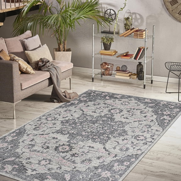 Luxee Designs Montana 2x3 Area Rug, Durable Low - Pile Medallion Pattern Indoor Rugs for Living Room, Bedroom, Kitchen, Office, High Traffic Area - Grey