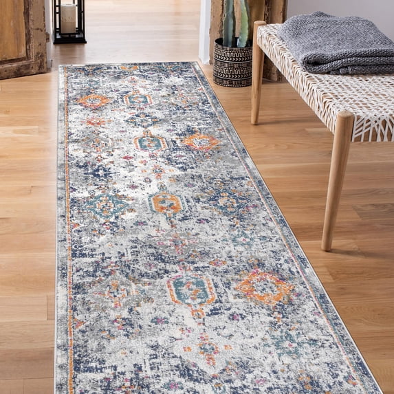 Luxee Designs Montana 3x8 Runner Area Rug, Durable Low - Pile Geometric Pattern Indoor Rugs for Living Room, Bedroom, Kitchen, Office, High Traffic Area - Blue/Orange