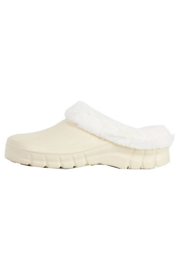 Luxemoda Women's Muffin Fluffy Faux Fur Trim Flat Rubber Mule Waterproof Slipper (BONE, 7)