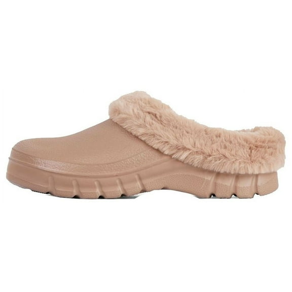 Luxemoda Women's Muffin Fluffy Faux Fur Trim Flat Rubber Mule Waterproof Slipper (BROWN, 6)