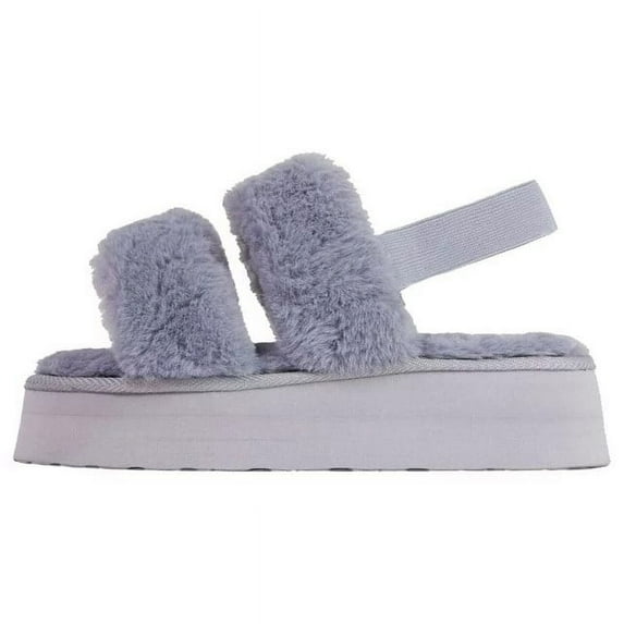 Luxemoda Women's Tata Fluffy Stripe Platform Slip On Open Toe Faux Fur Slippers (GREY, 6)