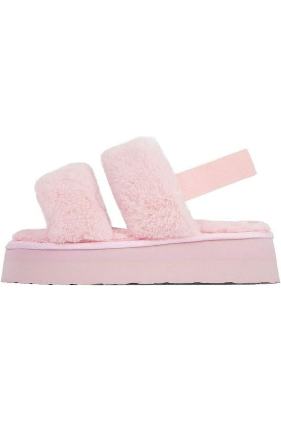 Luxemoda Women's Tata Fluffy Stripe Platform Slip On Open Toe Faux Fur Slippers (PINK, 10)