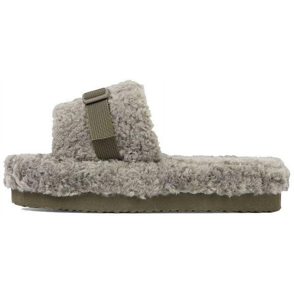 Luxemoda Womens Buzzing Khaki Buckle Detail Flatform Slider Faux Fur Sandals (KHAKI, 10)