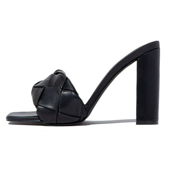 Luxemoda Worth The Wait Open Square Toe Slip-ON Chunky Heeled Mule Pump Sandals (Black, 6)