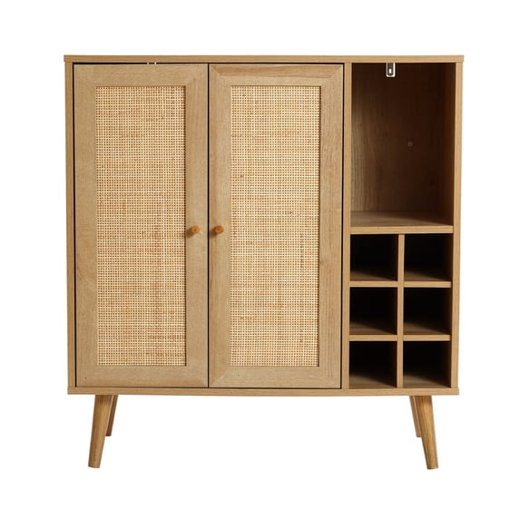 LuxenHome 35" Tall 2-Door Rattan Light Oak Finish Wood Wine and Storage Cabinet