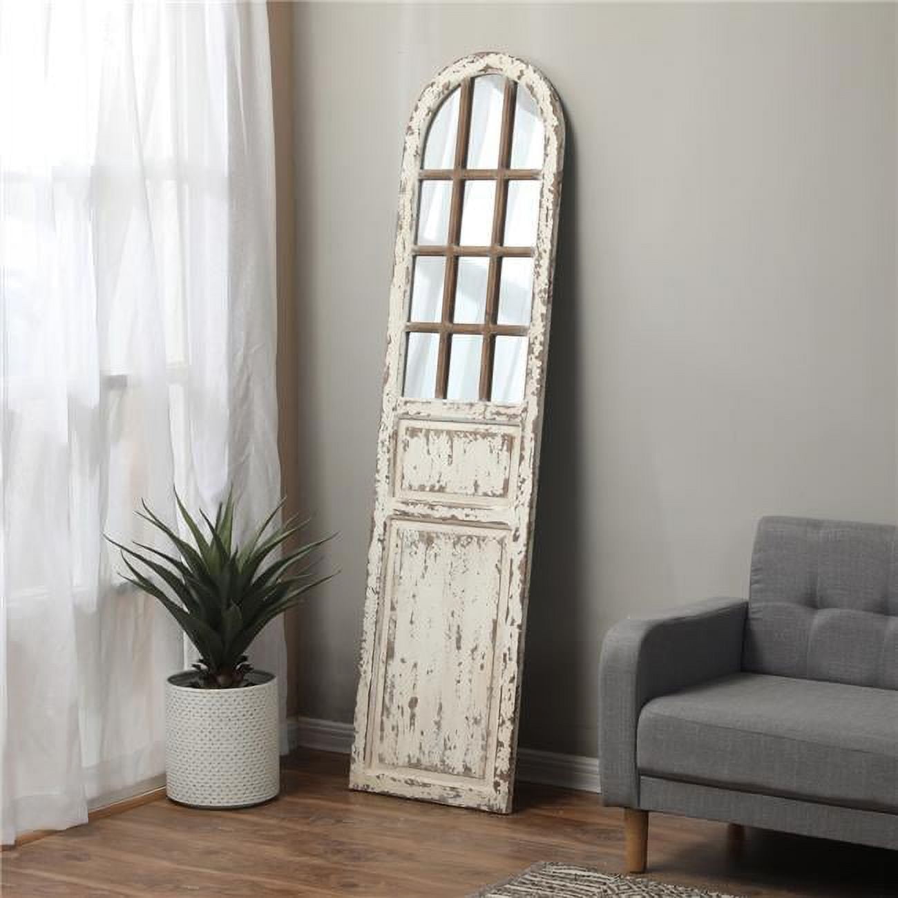 Distressed White Wood Arched Door Full-Length Mirror