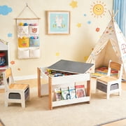 Kids Activity Table and Chairs Set with Bookshelf and Storage Bins, White & Gray