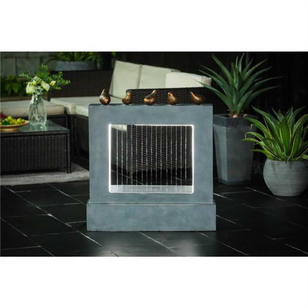 Luxen Home Gray Cement Waterfall and Bronze Birds Outdoor Fountain with LED Light