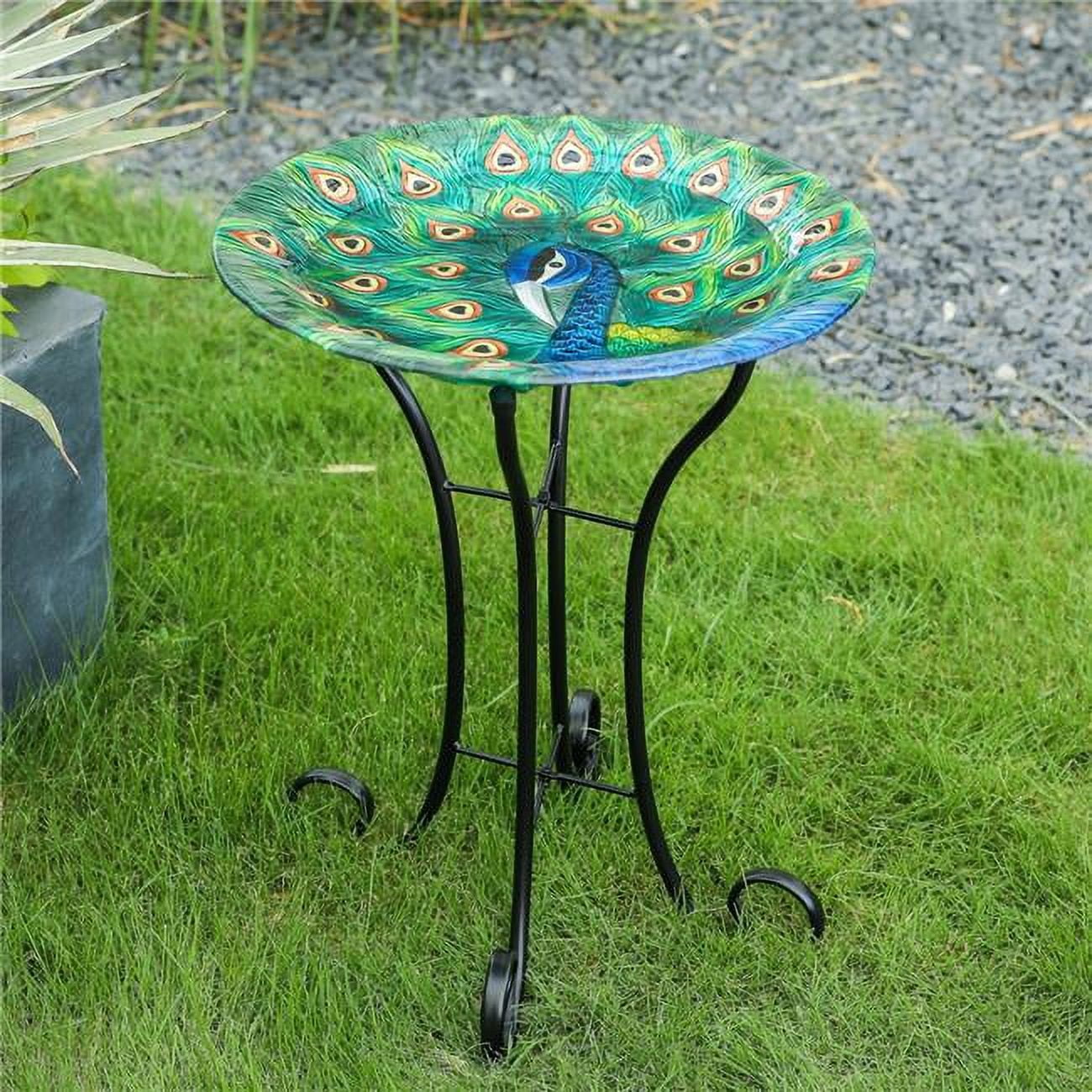 Luxen Home Peacock Glass Bird Bath with Metal Stand