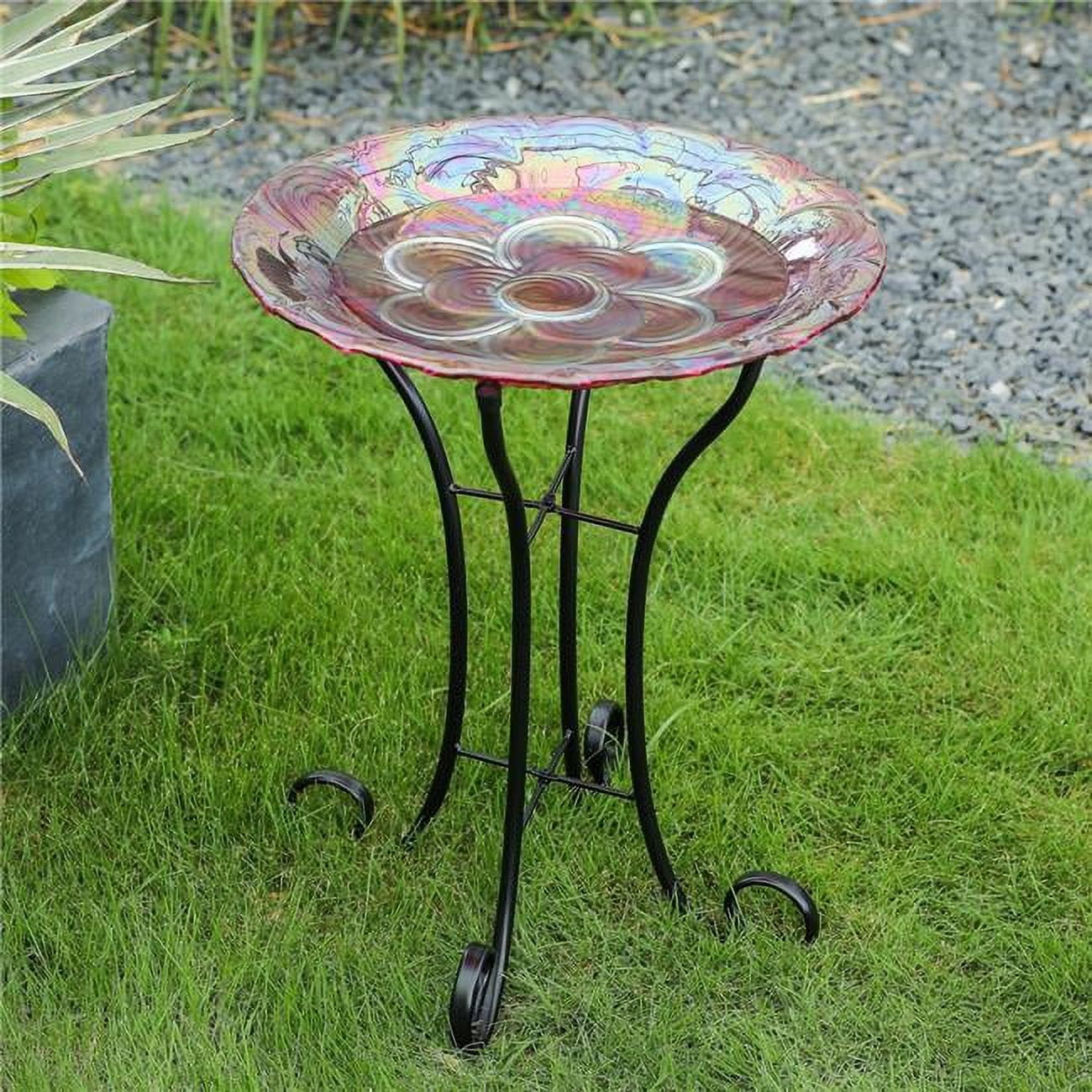 Luxen Home Pink Swirl Flower Glass Bird Bath with Metal Stand
