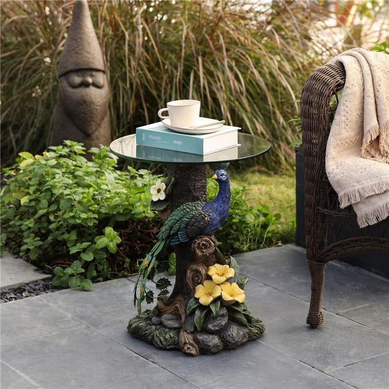 Luxen Home Resin Peacock Glass Top Round End Table