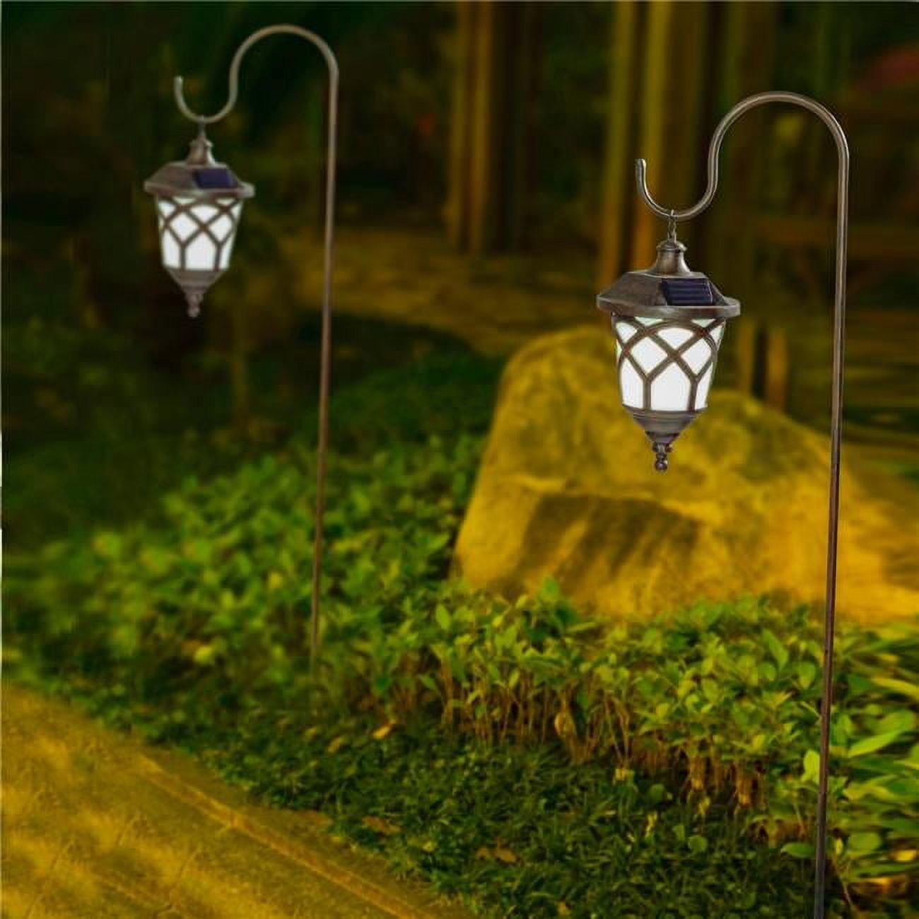 My Home Set of 2 Solar Diamond Glass Lanterns &Shepherds Hooks ,Blue