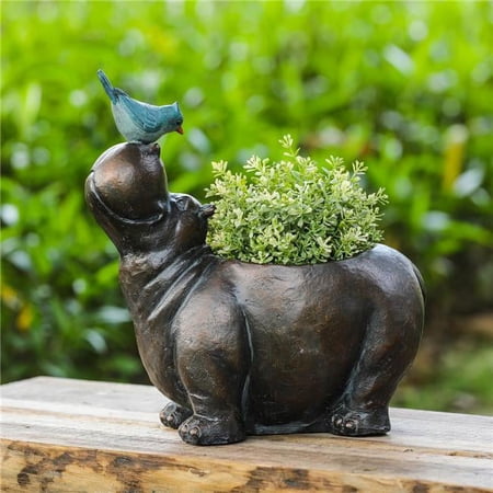 LuxenH-me Brown Hippo and Blue Bird MgO Flower Pot Planter