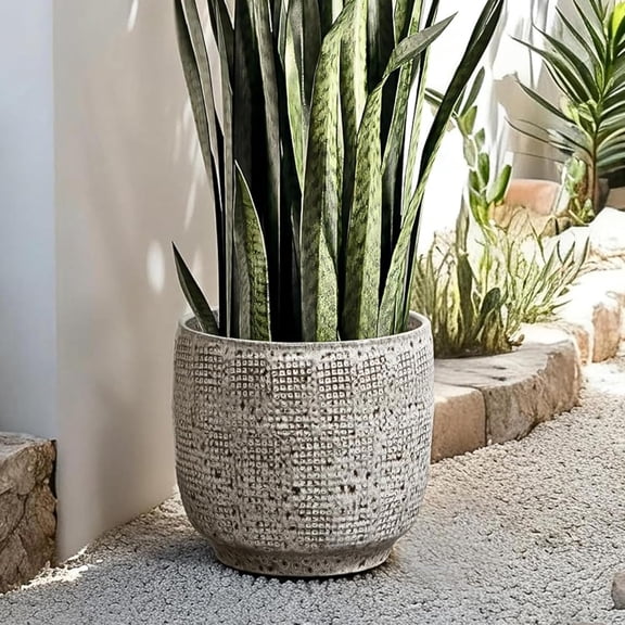 LuxenHome 12" Dia Large Ceramic Pots for Plants, Modern Gray Grid-Pattern Glazed Ceramic Planters Pots for Outdoor Plants with Drainage Hole and Plug, Round Indoor Flower Pot for Home Garden Patio