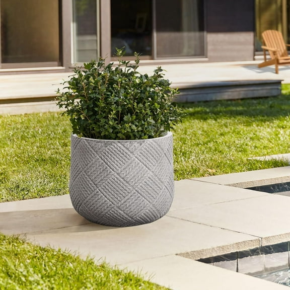 LuxenHome 14-Inch Dia Round Concrete Planters, Large Outdoor Indoor Decorative Pots with Drainage Holes and Rubber Plug, Modern Gray Glen Woven Pattern Flower Pot Planters for Home Garden Patio