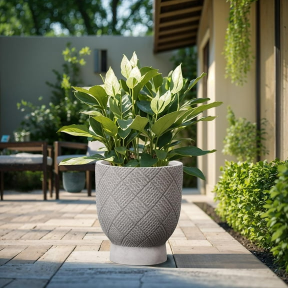 LuxenHome 16.5" H Concrete Tall Urn Planters, Large Outdoor Indoor Decorative Pots with Drainage Holes and Rubber Plug, Modern Gray Glen Woven Pattern Flower Pot Planters for Home Garden Patio