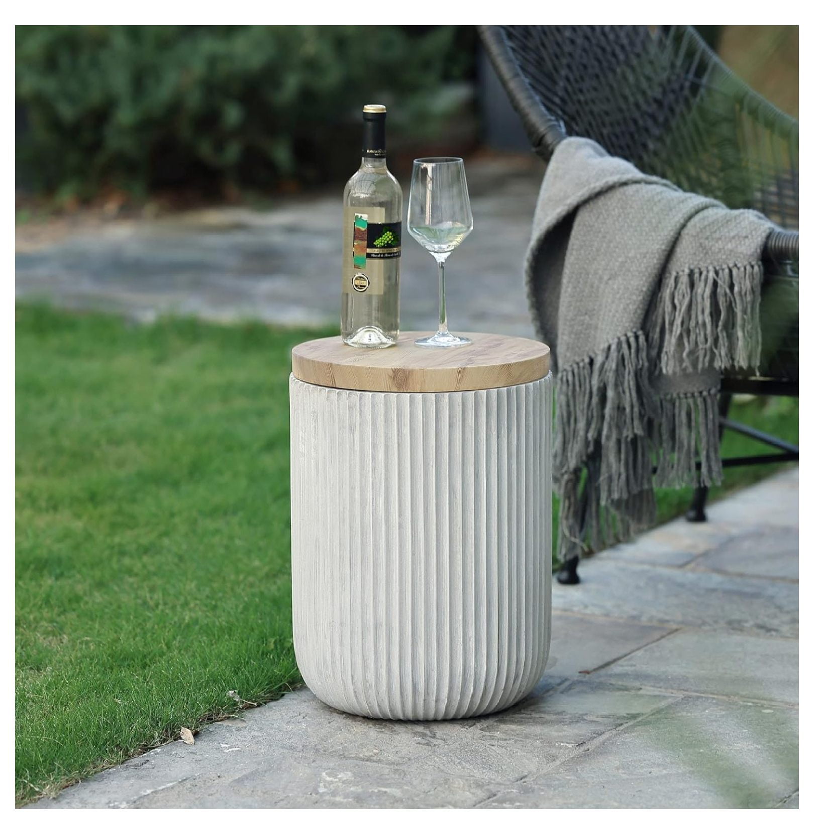 Gray Cement and Faux Wood Round Patio Side Table with Storage