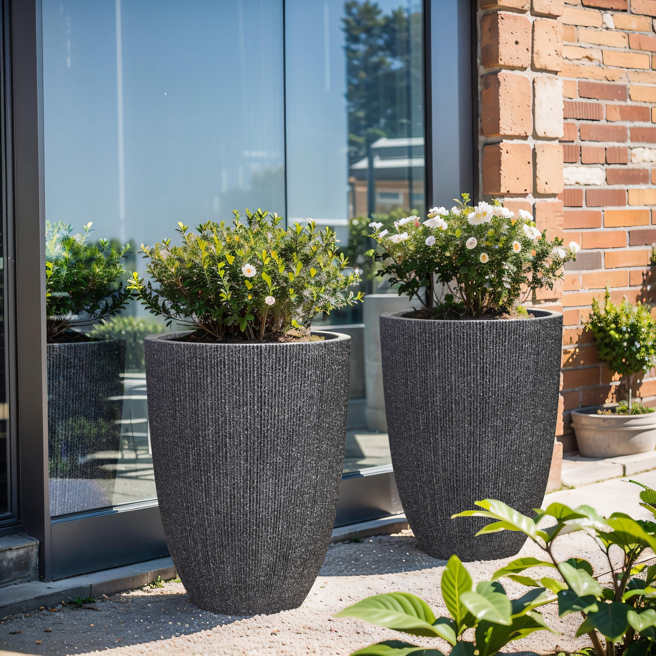 LuxenHome 19.21"H Tall Planters, Set of 2 Black Large Indoor Outdoor Plant Pots Plastic Flower Pots