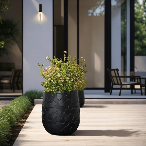 LuxenHome 19.5" H Weathered Concrete Tall Planter, Large Outdoor Indoor Decorative  Pot Container with Drainage Hole and Rubber Plug, Modern Black Geometric Flower Pot for Home Garden Patio