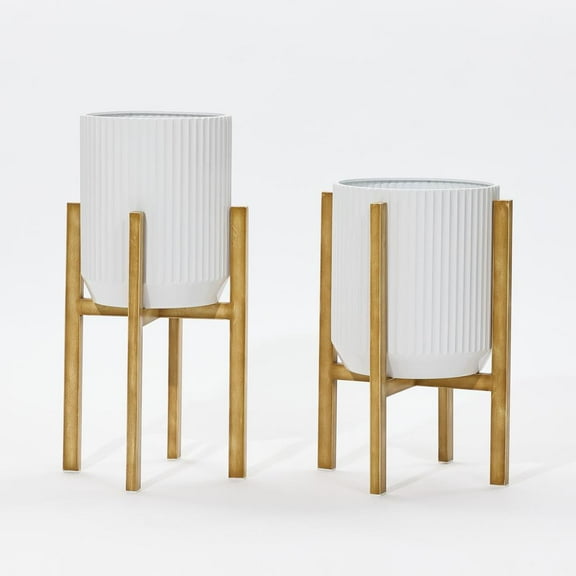 LuxenHome 2-Pc Textured Round White Metal Cachepot Planters with Gold Stands