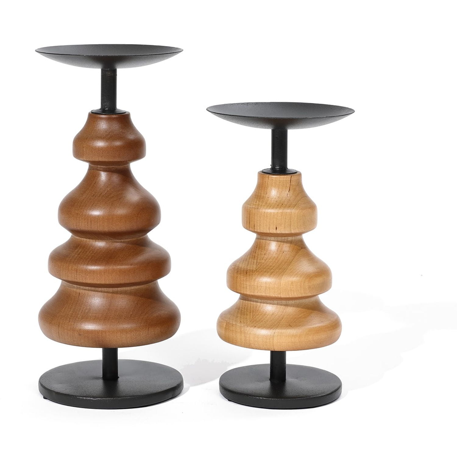 Birch Wood and Black Iron Pillar Candle Holder Set