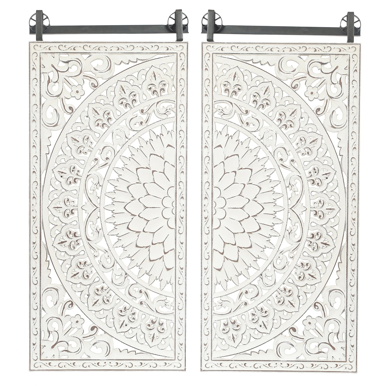 Distressed Ivory White Wood Floral Wall Art Set with Iron Bar