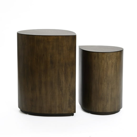 LuxenHome 2-Piece Teardrop Drum Wood Side Tables Set in Walnut Finish
