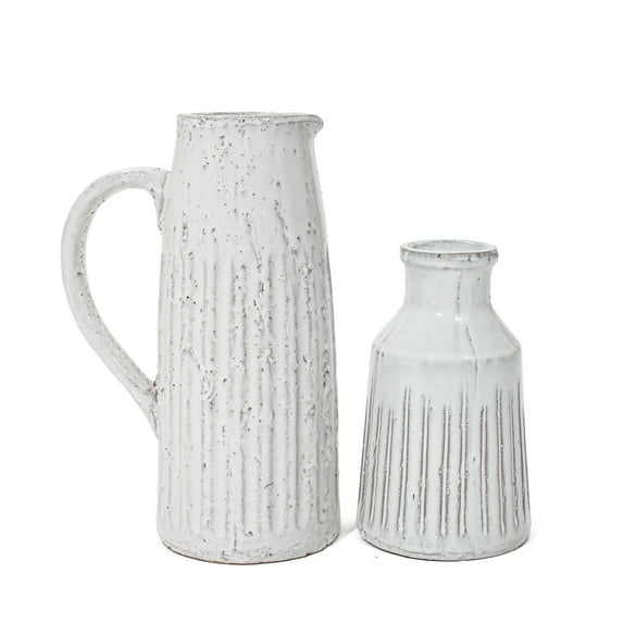 LuxenHome 2-Piece Vintage White Ribbed Terracotta Pitcher Vase Set