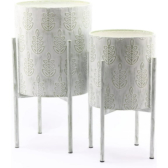 LuxenHome 2-Piece White Metal Leaf Embossed Cachepot Planters with Stand Planters for Indoor , Modern Flower Pots Living Room Large Indoor Stand