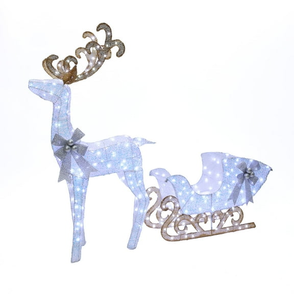 LuxenHome 2-Piece White Reindeer and Sleigh with Silver Bow and Ornaments Outdoor Holiday Decoration with Lights