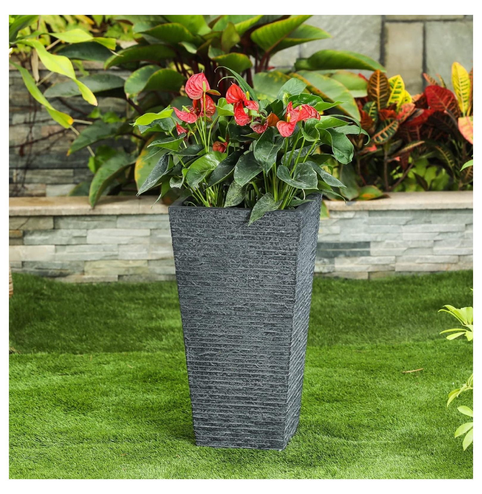 LuxenHome 22" Stone Finish Planter, Fiber Stone Square Planter Pots, Large Flower Pots for Front