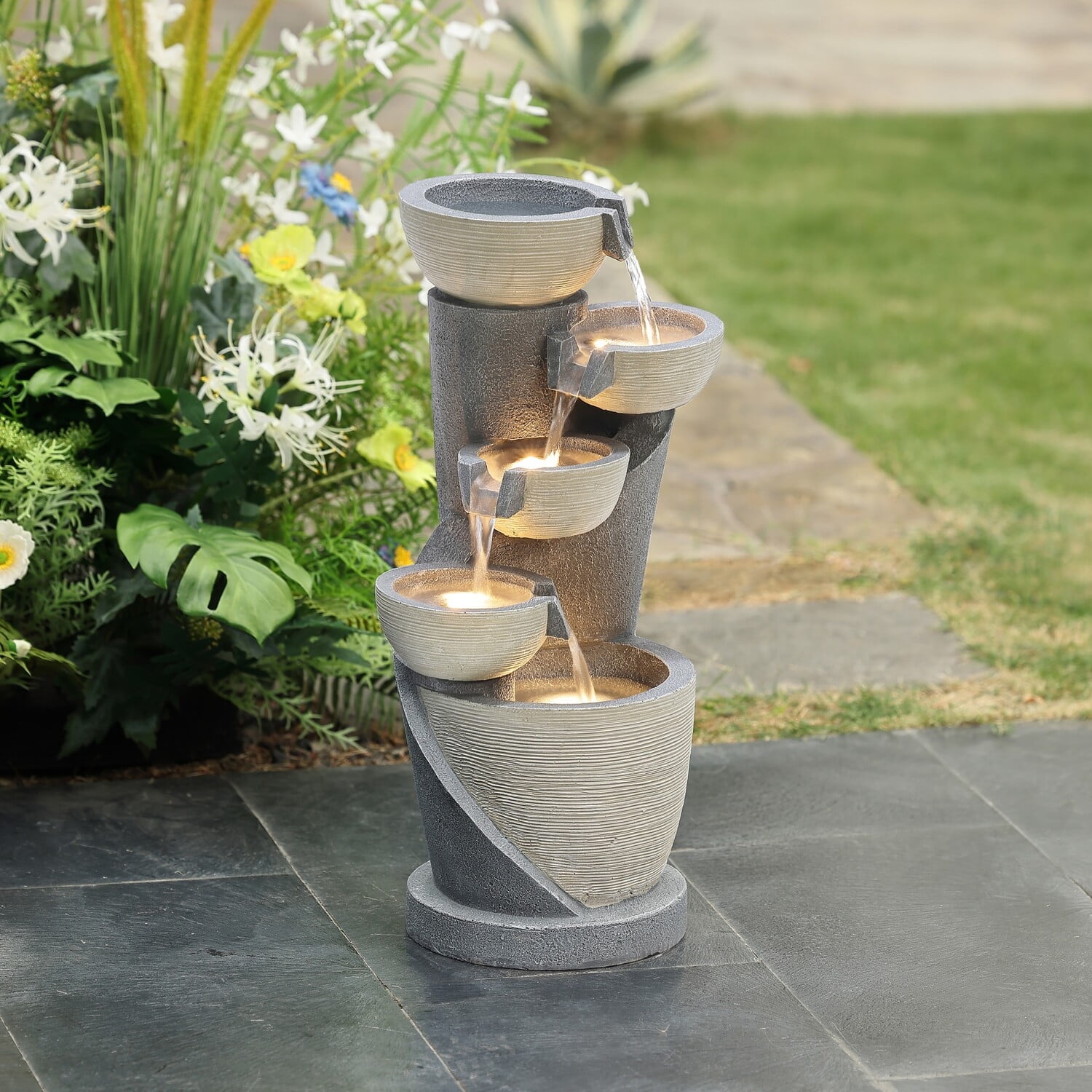 LuxenHome 22.5" Small Water Fountain Outdoor with LED Lights, Waterfall Fountains Indoor and Outdoor Garden Decor