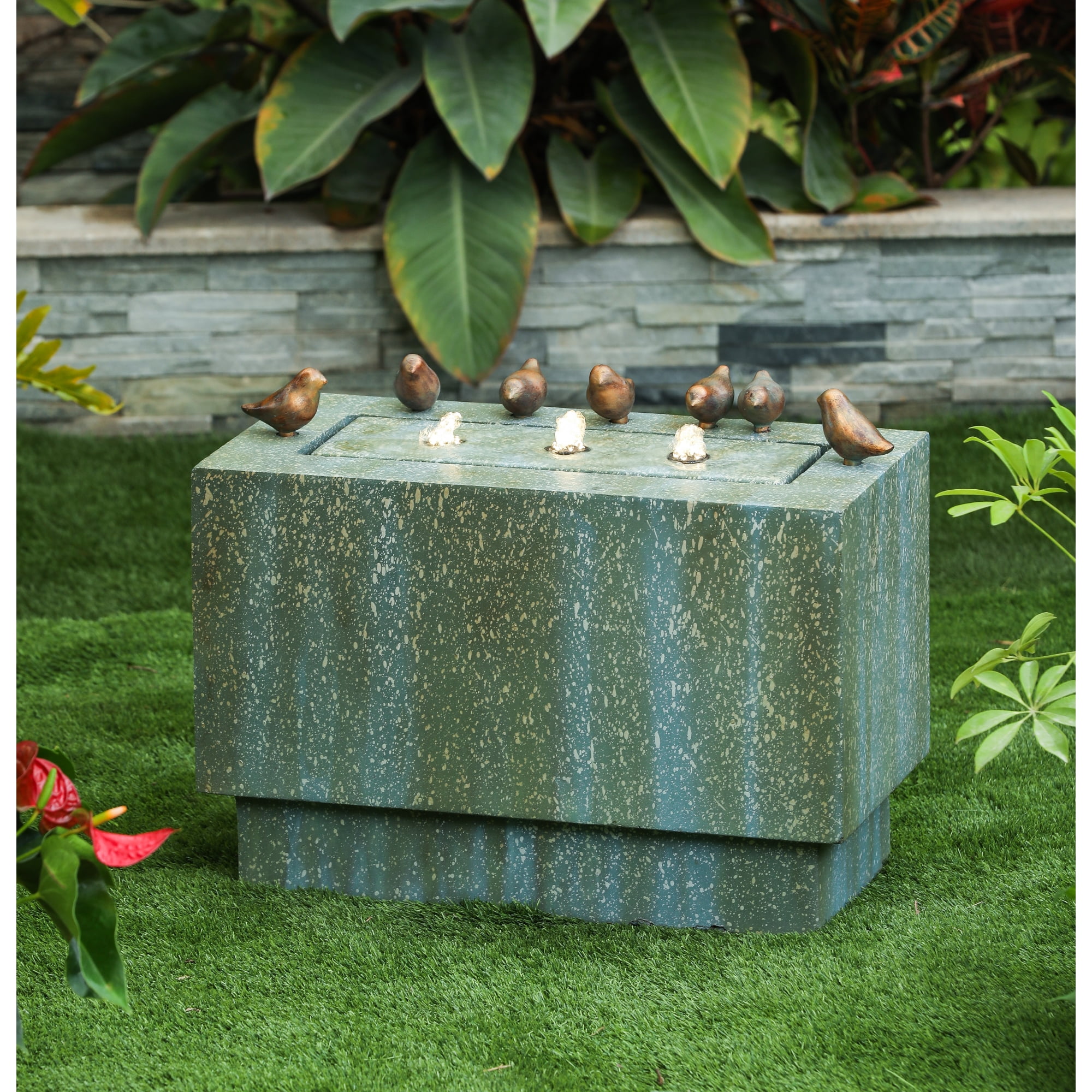 Gray and Green Resin Rectangular Outdoor Fountain with Bronze Birds