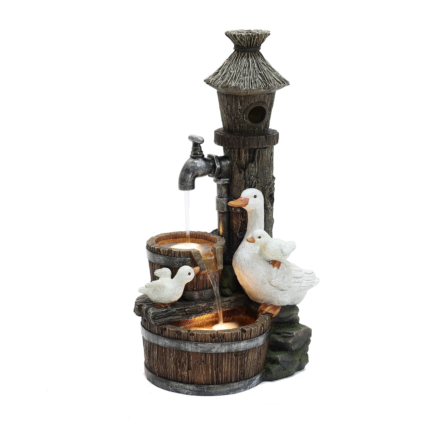 Rustic Farmhouse Ducks and Birdhouse Resin Outdoor Water Fountain with Lights