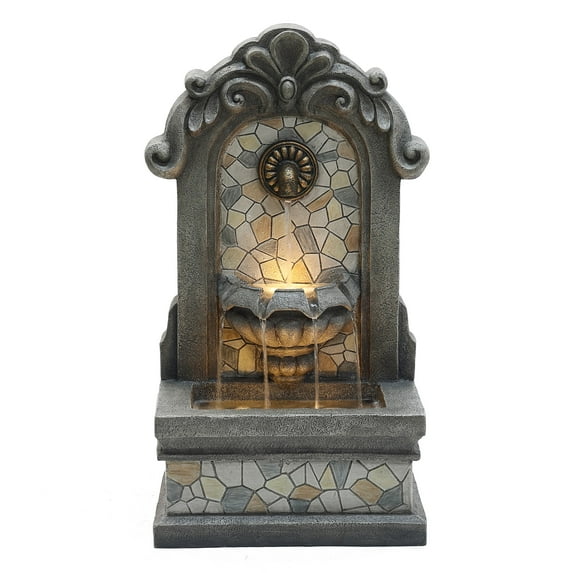 LuxenHome 27" H Gray Resin Mosaic Wall Freestanding Outdoor Water Fountain with Lights